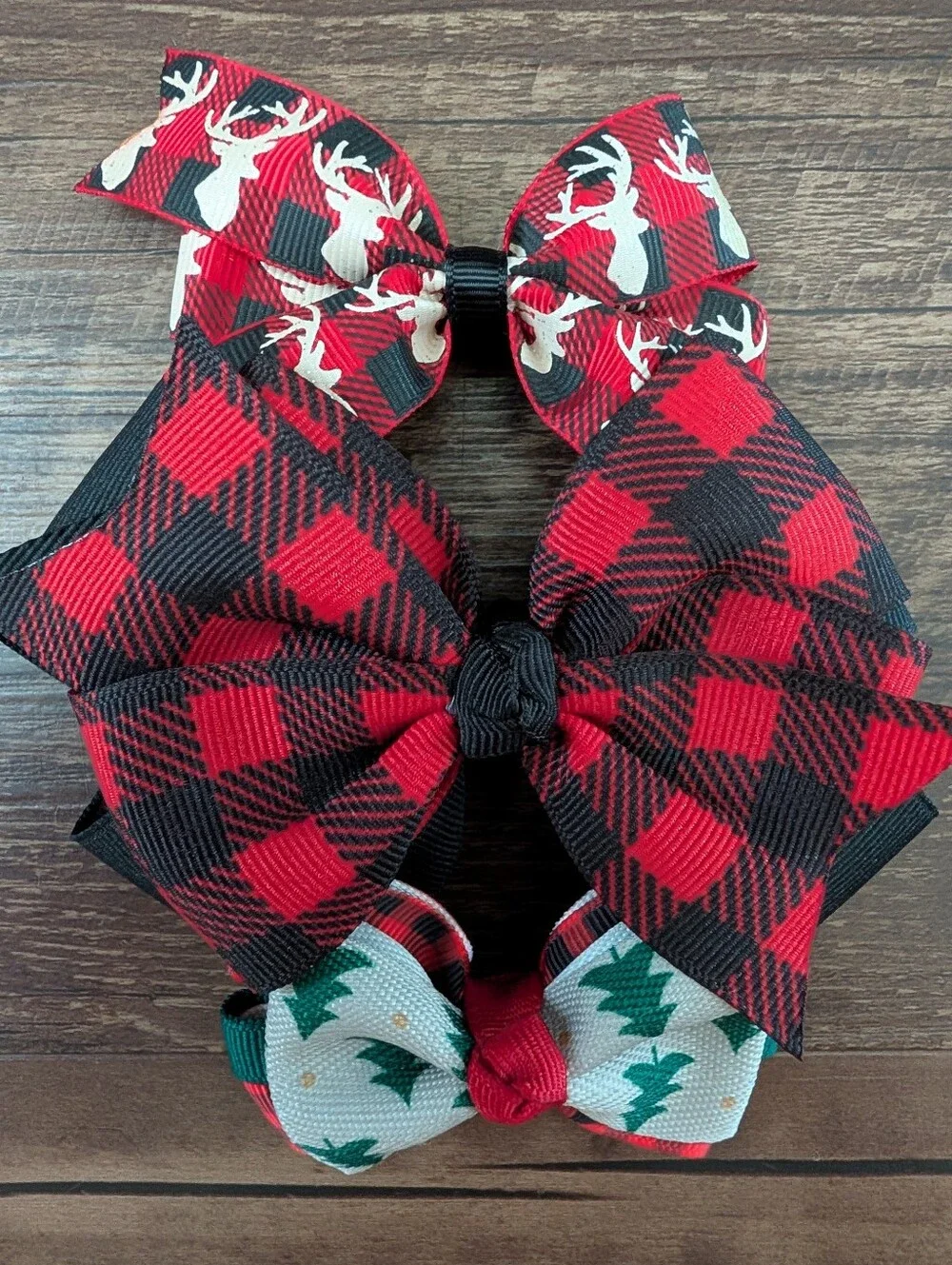 Set of 3 Baby Toddler Red Black Buffalo Plaid Holiday Bows